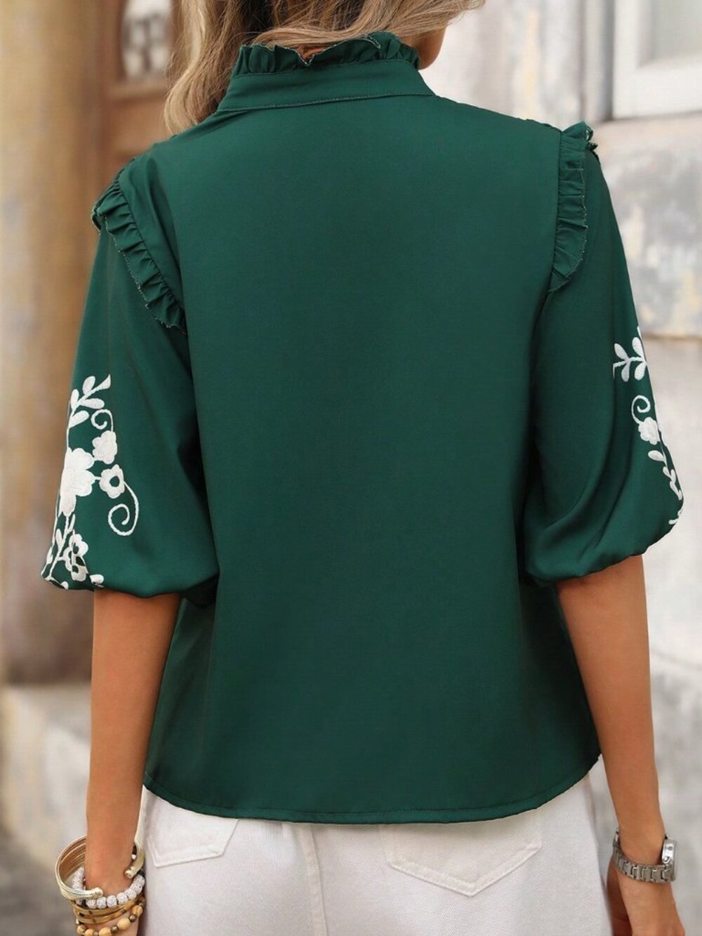 Green Boho Women's V-Neck Ruffle Trim Open Front Casual Printed Shirt - Picture 2 of 7